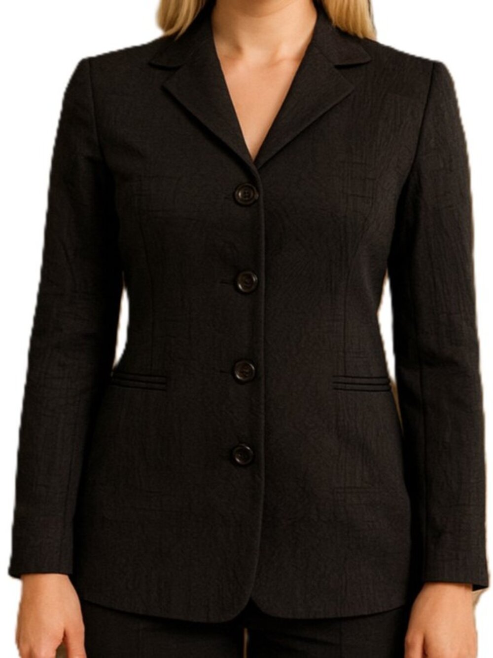 Vintage Sz 8 Black Wool Blend Jacquard Blazer Jacket Textured Pattern Career